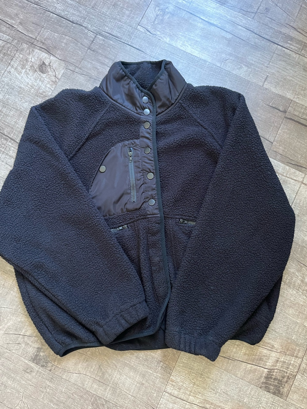 Fabletics Black Lightweight Sherpa Jacket with Snap Chest Pocket